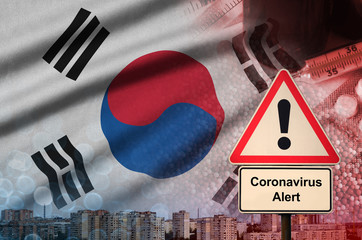 South Korea flag and Coronavirus 2019-nCoV alert sign. Concept of high probability of novel...