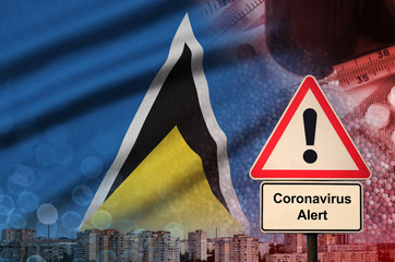 Saint Lucia flag and Coronavirus 2019-nCoV alert sign. Concept of high probability of novel...