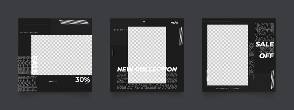 Social Media Post Template For Digital Marketing And Sale Promo. Modern Fashion Advertising. Black And White Monochrome Banner. Mockup Photo Frame Vector Illustration.