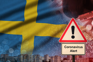 Sweden flag and Coronavirus 2019-nCoV alert sign. Concept of high probability of novel coronavirus...