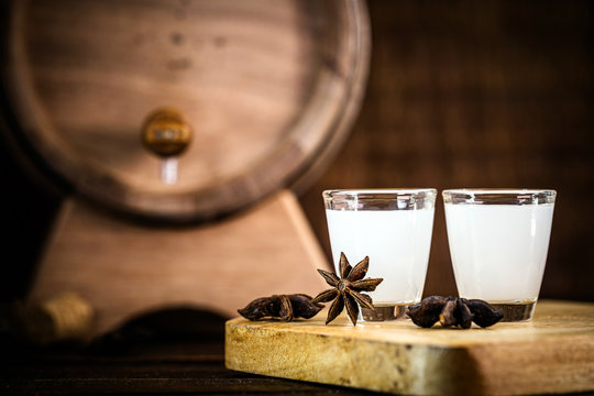 Rustic star anise, used in hard drinks. Spot focus, space for text.