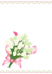チューリップの花束グリーンとホワイト系春の花イラスト縦スタイル背景素材