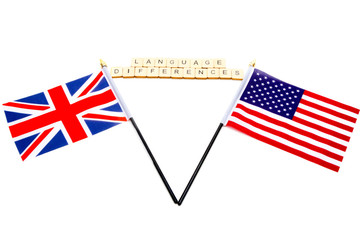 The flags of the United Kingdom and the United States isolated on a white background with a sign...