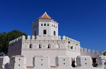 Closeup of Phra Sumen fort in Santi Chai Prakarn public park on riverbank of Chao Phraya river in...