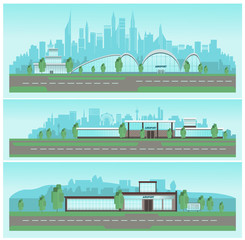Airport in three versions, large, medium and small, vector flat graphics.