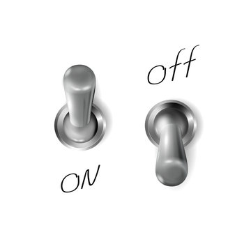 Set 3d metal toggle switches, realistic chrome objects. The On and off. Silver or steel switcher design. Vector illustration.