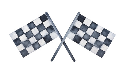 Two racing checkered flags with crossed sticks. Symbol of competition, riding, finish line. Hand painted watercolour grungy drawing on white background, cutout clip art element for design decoration.