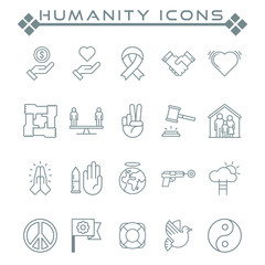 Set of Humanity Related Vector Line Icons. Contains such as Icons as peace, love, handshake, justice and more