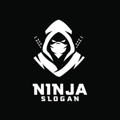 black white ninja character logo design cartoon - obrazy, fototapety, plakaty