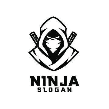 black white ninja character logo design cartoon vector de Stock | Adobe  Stock
