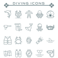Set of Diving Related Vector Line Icons. Contains such as Icons as buoys, underwater animals, equipment, certificates and more.