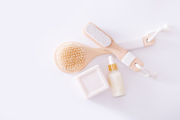 Bath accessories on white background, top view