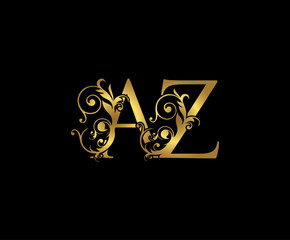 Luxury  letter A, Z and AZ  Vintage Gold Floral Logo Icon, overlapping monogram logo, elegant luxury gold color on black background. Classy Letter Logo Icon.