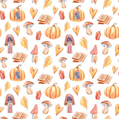 Watercolor seamless autumn pattern with pumpkins, mushrooms, hearts on white background.Can be used for wallpaper or fabric, scrapbooking, packaging, wrapping paper