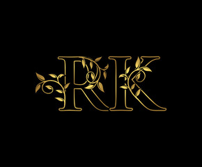 Luxury Gold R, K and RK Letter Classy Floral Logo Icon,  Elegant Design.