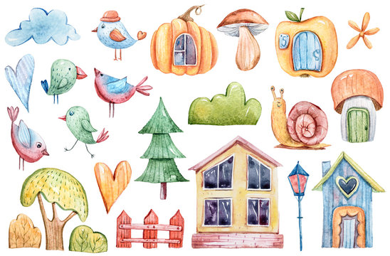 Hand painted watercolor cute autumn set. Snail, birds, pumpkins, mushrooms, house, tree, apple, heart isolated on white. Lovely illustration for pattern, baby shower, invitation