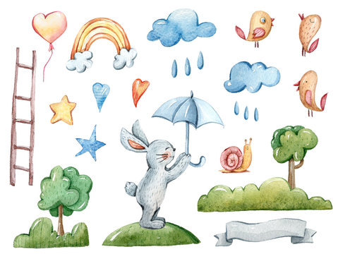 Hand painted watercolor cute bunnies set. Rabbits, clouds, stars, moon, rainbow, birds set isolated on white. Lovely baby rabbit illustration for pattern, baby shower, invitation, greeting card design