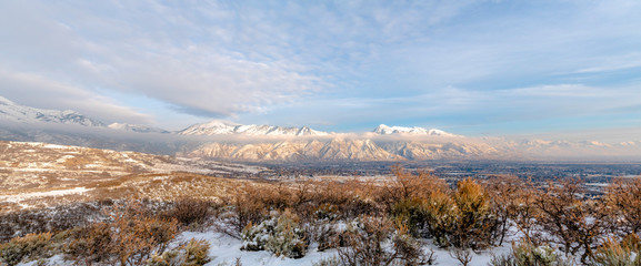 Panoramic view of Mount Timpanogos and the valley blanketed with snow in winter