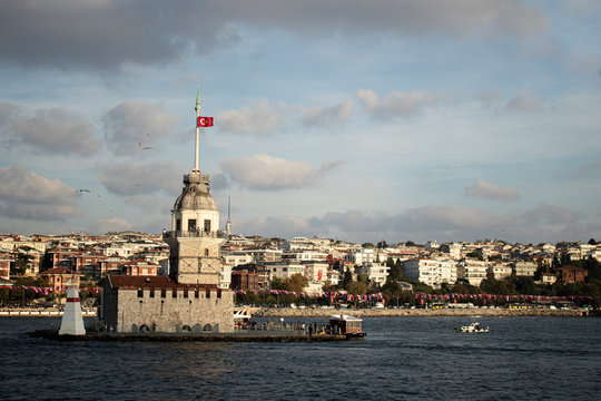 The Maiden's Tower is photographed closely. Photographed on the ferry.