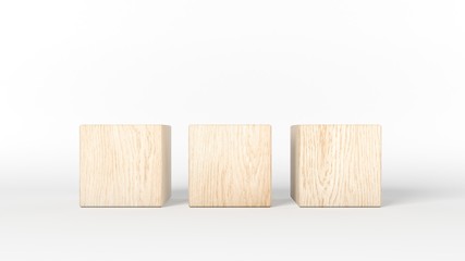 Three wooden blocks isolated on white background. 3d illustration.