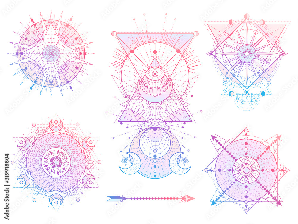 Canvas Prints vector set of sacred geometry symbols with moon, sun, eye and arrow on white background. abstract my