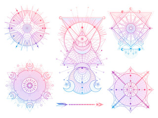 Vector set of Sacred geometry symbols with moon, sun, eye and arrow on white background. Abstract mystic signs collection.
