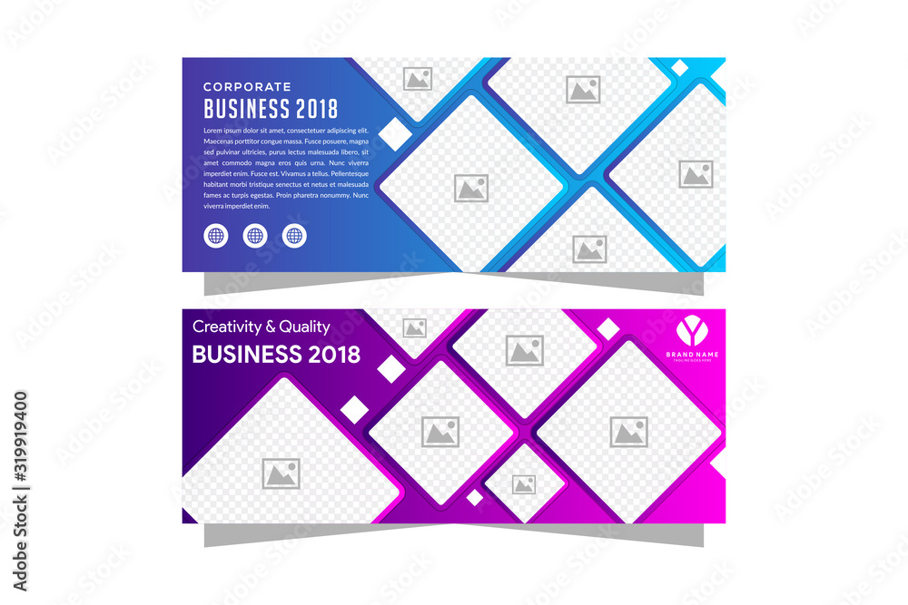 Poster set of vector horizontal banners with abstract square shape for photo collage. templates with blue a