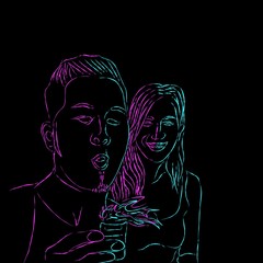 Sketch of couple. Line art blue pink style 
