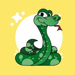Illustration of Green Snake Smiled Cartoon, Cute Funny Character, Flat Design