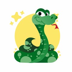 Illustration of Green Snake Smiled Cartoon, Cute Funny Character, Flat Design