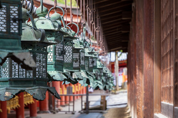 Green Ancient Japanese Lanterns in temple