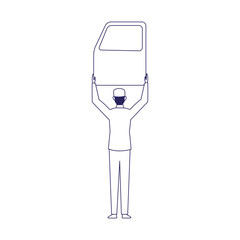 car mechanic holding up a car door, flat design