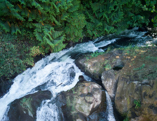 A waterfall fanning out over a rock formation at Tumwater Falls Park in Thurston County Washington...