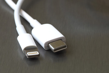 USB type C and lightning white cable connector on a gray metal background