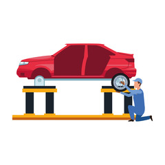 car mechanic with car at lifting