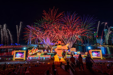 January 30/2020 Fireworks performance on The Float at Marina bay. River Hong Bao is Largest Chinese New Year Carnival in Singapore