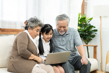 Asian grandparent with little young cute grandchild sitting on sofa playing laptop together. Little...