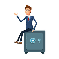 cartoon businessman sitting on strongbox