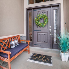 Square Beautiful home entrance with gray door sidelights and huge transom window - obrazy, fototapety, plakaty