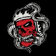 skull wearing a helmet, biting a piston with a snake