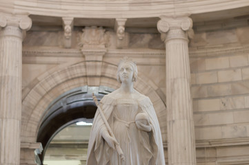 Queen Victoria statue inside Victoria memorial in Kolkata. Majestic on a marble pedestal, statue sculpture art by Thomas Brock. Victoria Memorial Hall, Calcutta (Kolkata), India India, Asia May 2019