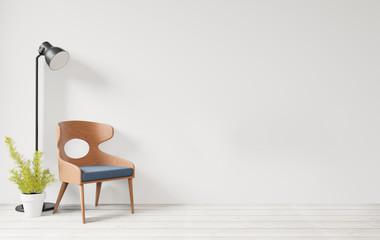 Interior with white wall wooden chair and wooden floor,lamp empty wall for copy space ,3d rendering