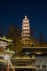 Night view of Yuantong Temple Tower in Beijing Wtown（Gubei Water Town）, China