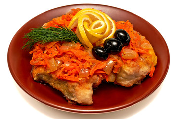 fried fish marinade carrot onion buttered olives