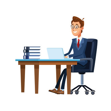 cartoon businessman at office desk with laptop computer and books, colorful design