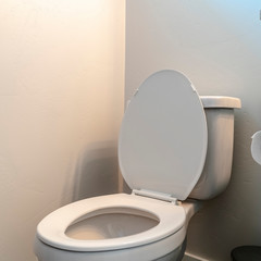 Square Toilet and vanity cabinet with tissue roll holder against white wall of bathroom