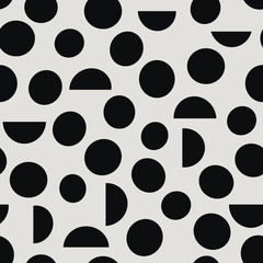 Black and white abstract geometrical seamless vector pattern with dots and half dots. Trendy abstract design for paper, cover, fabric, interior decor, wallpaper and other projects.