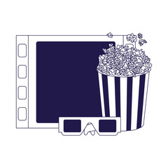 film reel piece with pop corn and 3d glasses, flat design