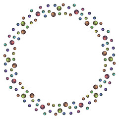 Abstract round frame with different grunge effect circles. White background with colorful gradient polka dots border. Template design for invitation, poster, card, flyer, banner. Copy space.