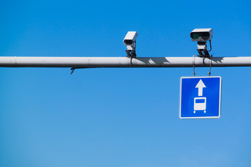 Bus lane sign with CCTV cameras